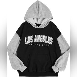 Size 14Y Girl's Letter Colorblock Hoodie Long Sleeve Pullover Top Black & Gray